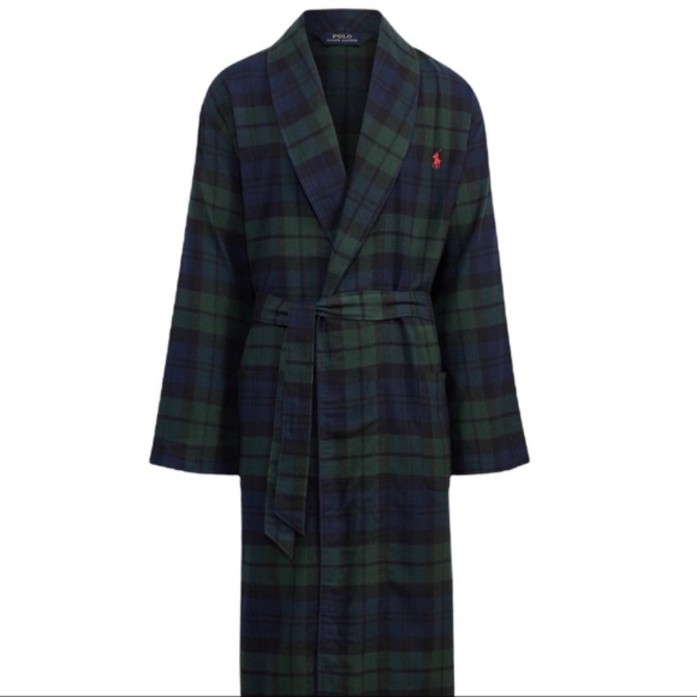 POLO RALPH LAUREN MENS LONG PLAID BLUE GREEN PRINTED ROBE COTTON SIZE XL